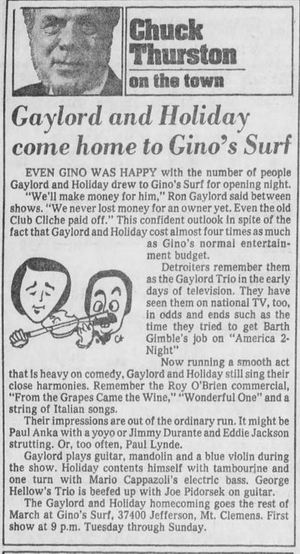 Ginos Surf (Luna Kai Tiki Bar) - Mar 13 1979 Article - Gaylord And Holiday